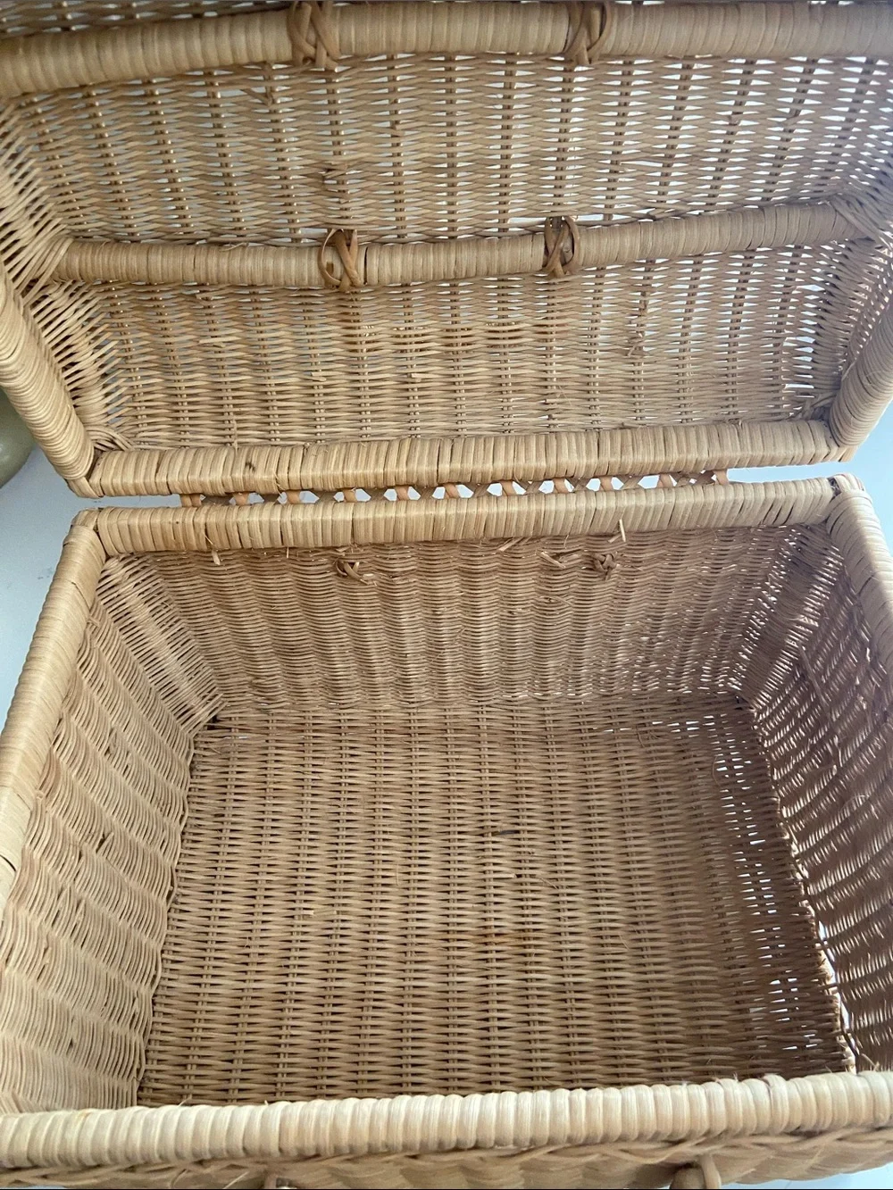Vintage Wicker Storage Basket w Handle Boho Rattan Sewing Craft Chest